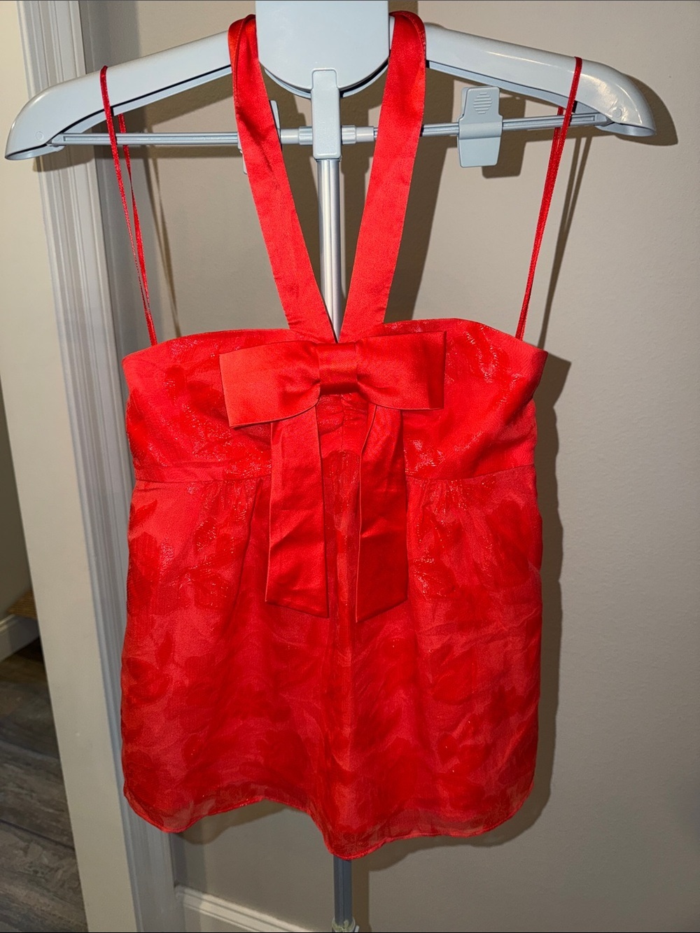 Tibi Bright Red Sleeveless Halter Top with Front Bow